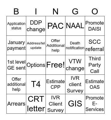 WPG PENSIONS CALL CENTRE Bingo Card