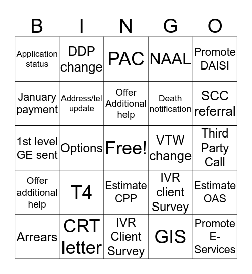 WPG PENSIONS CALL CENTRE Bingo Card