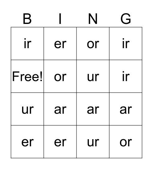 r-controlled vowels Bingo Card