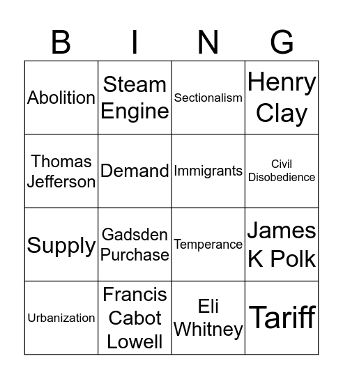 Manifest Destiny/ Industrial Revolution  Bingo Card