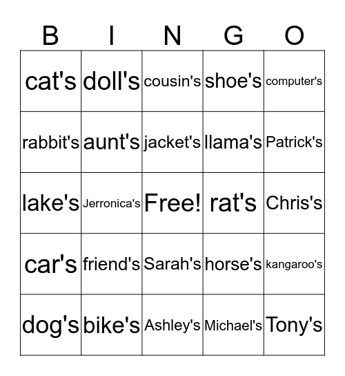 Apostrophe Bingo Card