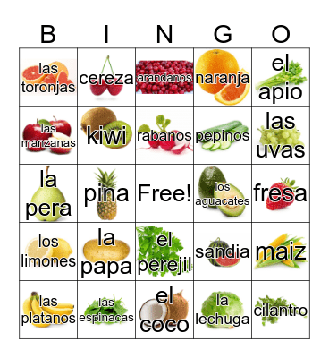 Fruits and Vegetables Bingo Card