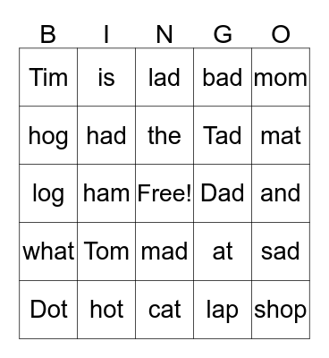 Short vowel words Bingo Card