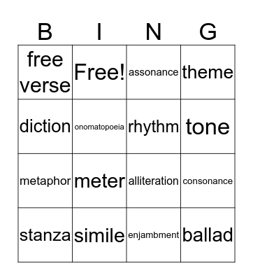 Poetry Lingo Bingo Card