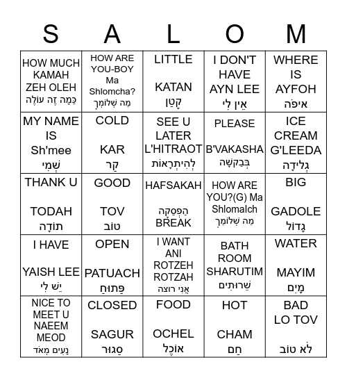 Israel Bingo -Fun with Phrases Bingo Card