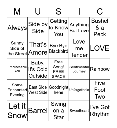 Winter Music Bingo Card