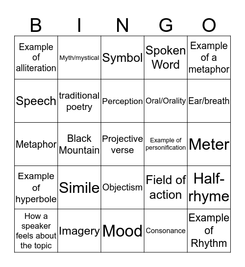 Poetry Bingo Card