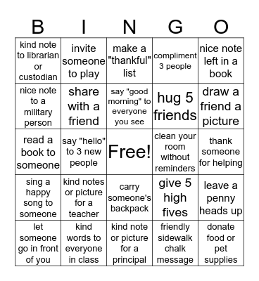 Random Acts of Kindness Bingo Card