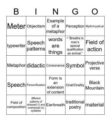 Poetry Bingo Card