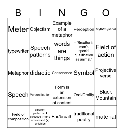 Poetry Bingo Card