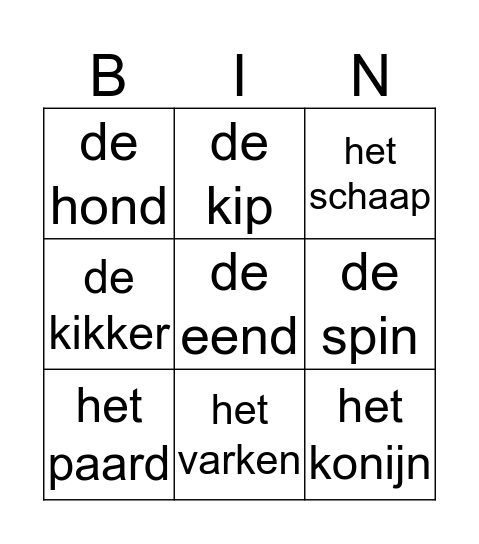 De dieren Bingo Card