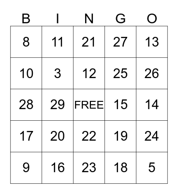 Number Bingo Card