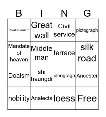 China Bingo Card