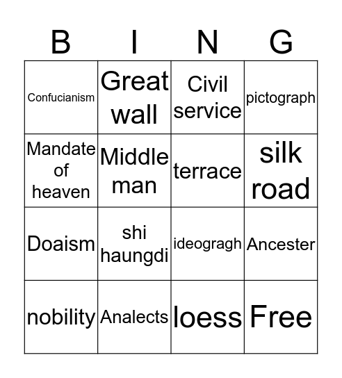 China Bingo Card