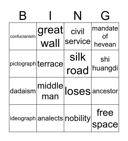 Ancient China Bingo Card