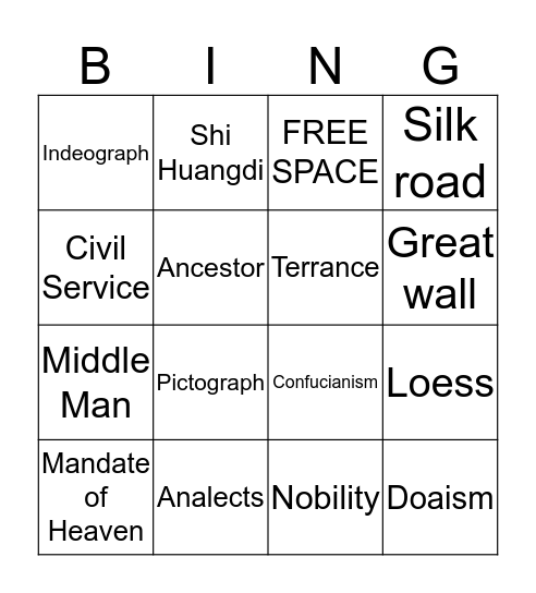 China Bingo Card