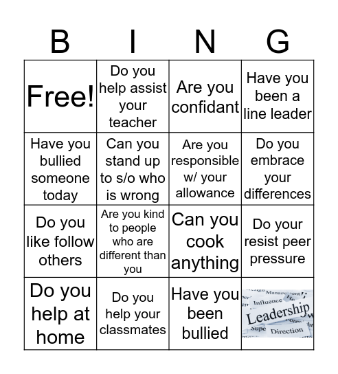 Leadership Bingo  Bingo Card