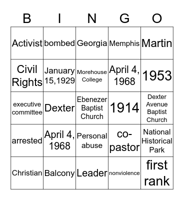 Martin Luther King Jr. Bingo Card
