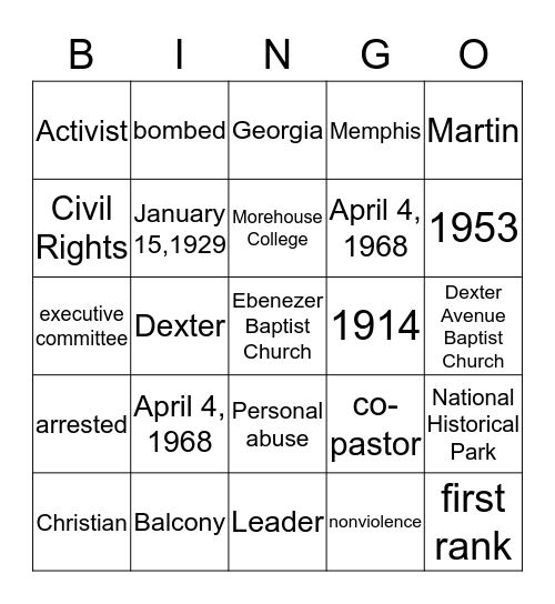 Martin Luther King Jr. Bingo Card