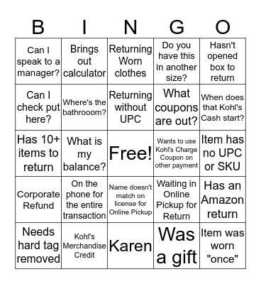 Kohl's Customer Service Bingo Card