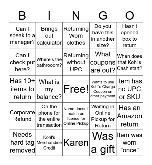 Kohl's Customer Service Bingo Card