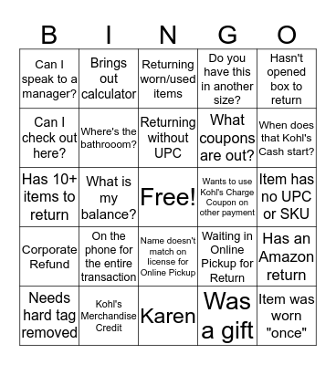 Kohl's Customer Service Bingo Card