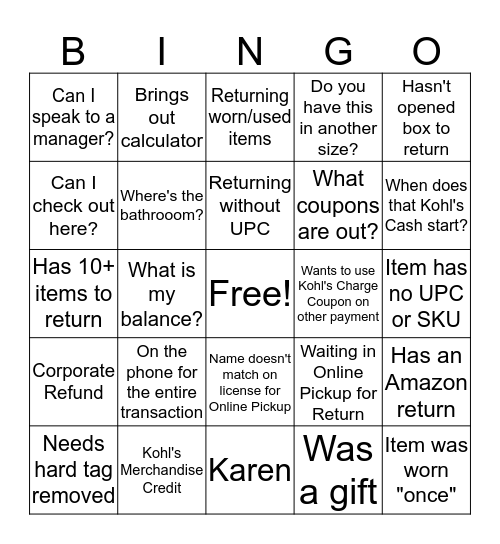 Kohl's Customer Service Bingo Card