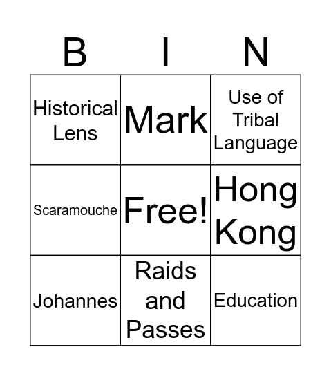 Kaffir Boy Bingo Card