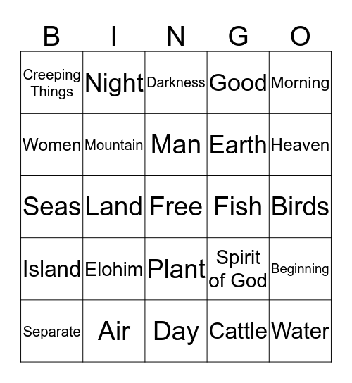 Hebrew creation Story Bingo Card