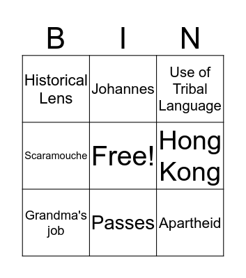 Kaffir Boy Bingo Card