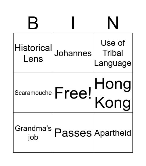 Kaffir Boy Bingo Card