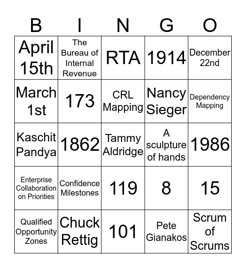 Team Panda All Hands Bingo Card