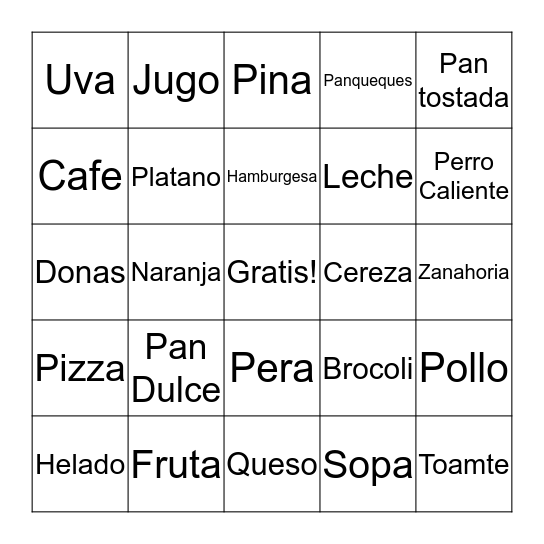 Comida Bingo Card