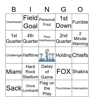 Super Bowl LIV Bingo Card