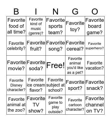 Favorites Bingo Card