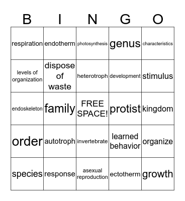 Characteristics and Qualities of Living Things Bingo Card