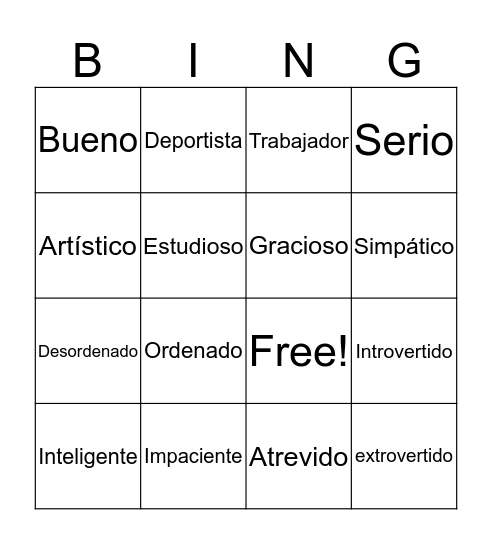 Spanish Vocabulary  Bingo Card