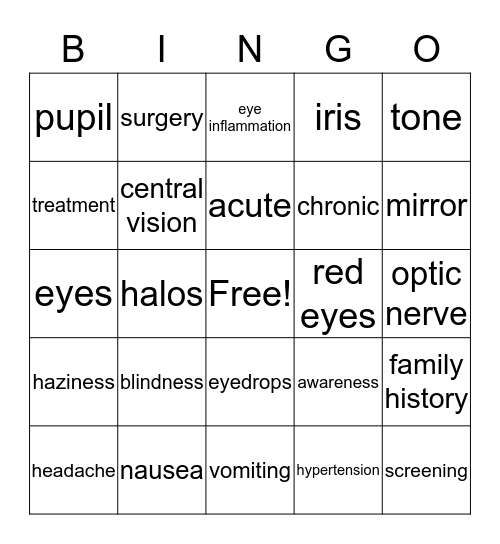 Glaucoma Bingo Card