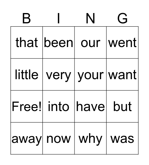 Trick Words (E) Bingo Card