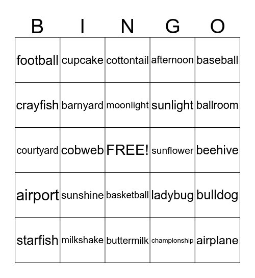 Compound Word Bingo! Bingo Card