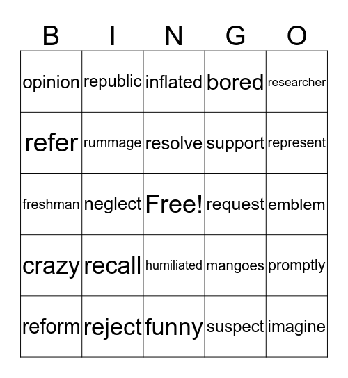 NVL 20 Bingo Card
