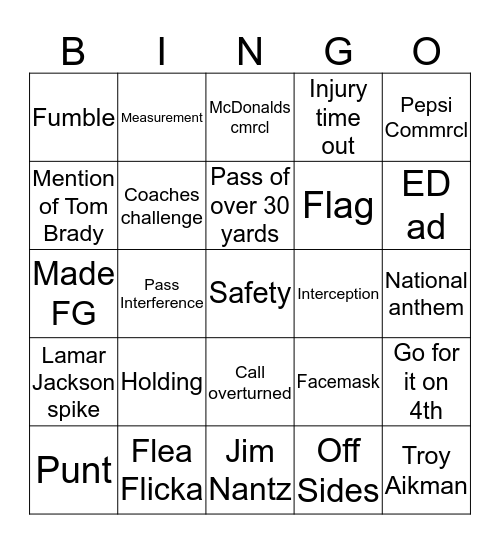 SUPER BOWL Bingo Card