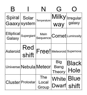 Unit 5- Beyond the Solar system vocabulary Bingo Card