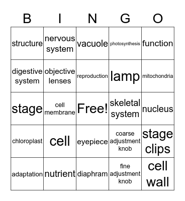 Grade 8 Science Cells and Systems Bingo Card