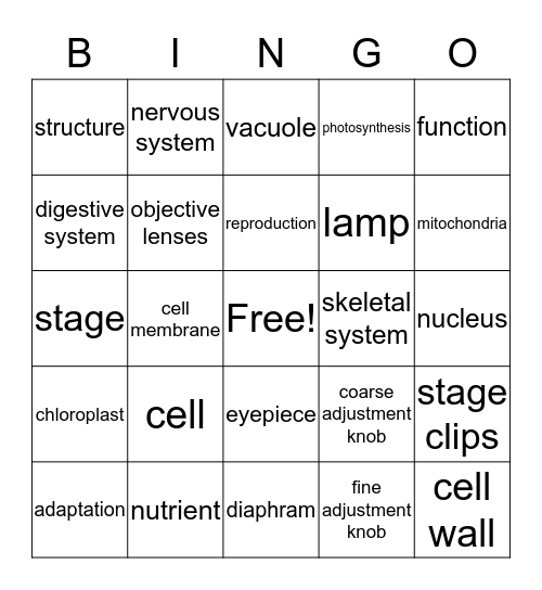 Grade 8 Science Cells and Systems Bingo Card