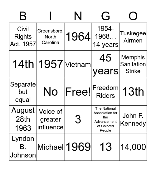 Civil Rights Bingo Card