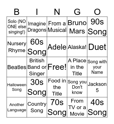 Sing a Song Bingo Card
