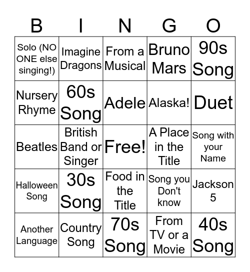 Sing a Song Bingo Card