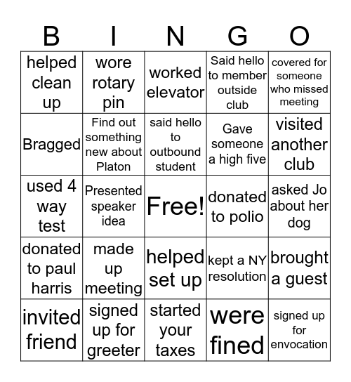 Rotary Bingo January Bingo Card