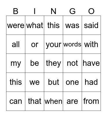Sight Words Bingo Card